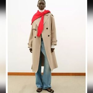 Zara Beige Double-Breasted Trench Coat with Red Scarf